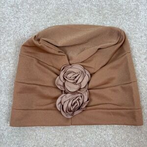 Elegant Brown Turban Headwrap with Double Rose Embellishment NEW